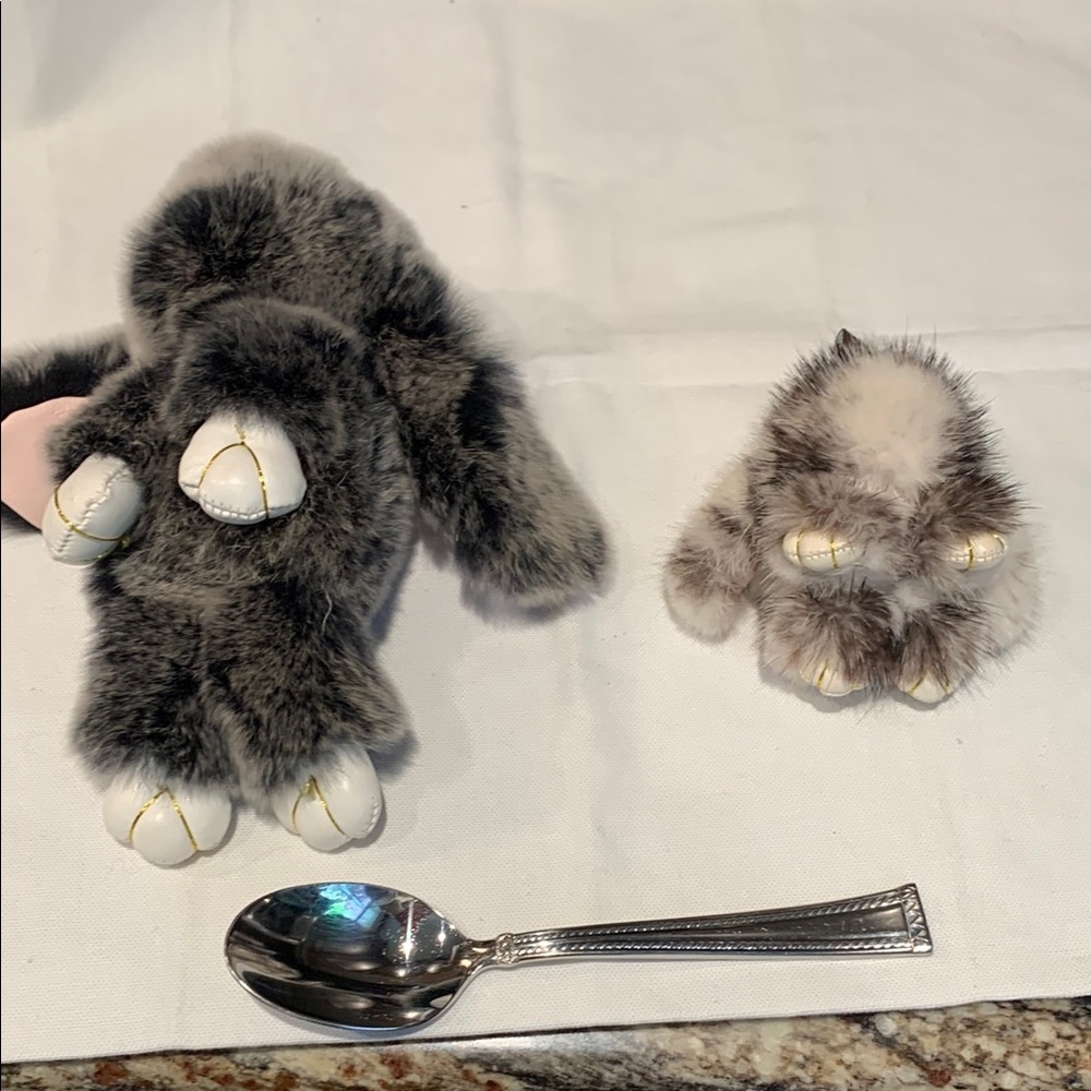 Fur bunnies, Plush Gray/White Small bunnies from Italy. Hooks on purse or bags.